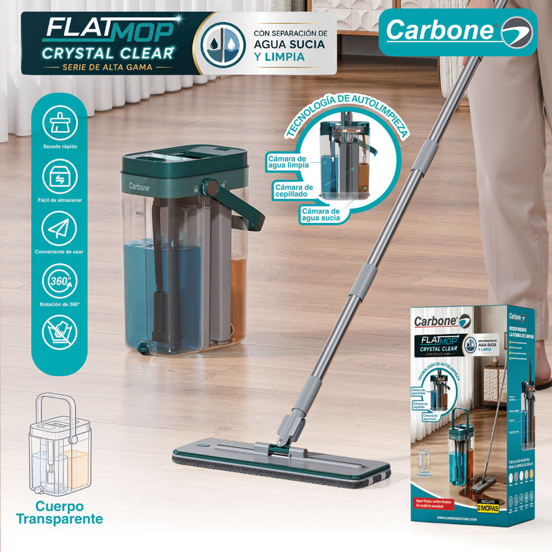 Trapeador Plano 360° flat mop con Balde Autolimpiante Ultra Transparente. Fregona plana con Mango Extensible de 1.35m y 2 Mopas. Injecta agua para limpiar con el movimiento.  Carbone Clean Freak