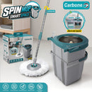 Trapeador Smart Space Spin Mop Giratorio 360° con Sistema de 2 Baldes Apilables para Agua Limpia y Sucia. Fregona con Mango Ajustable y 2 Mopas.  Carbone Clean Freak