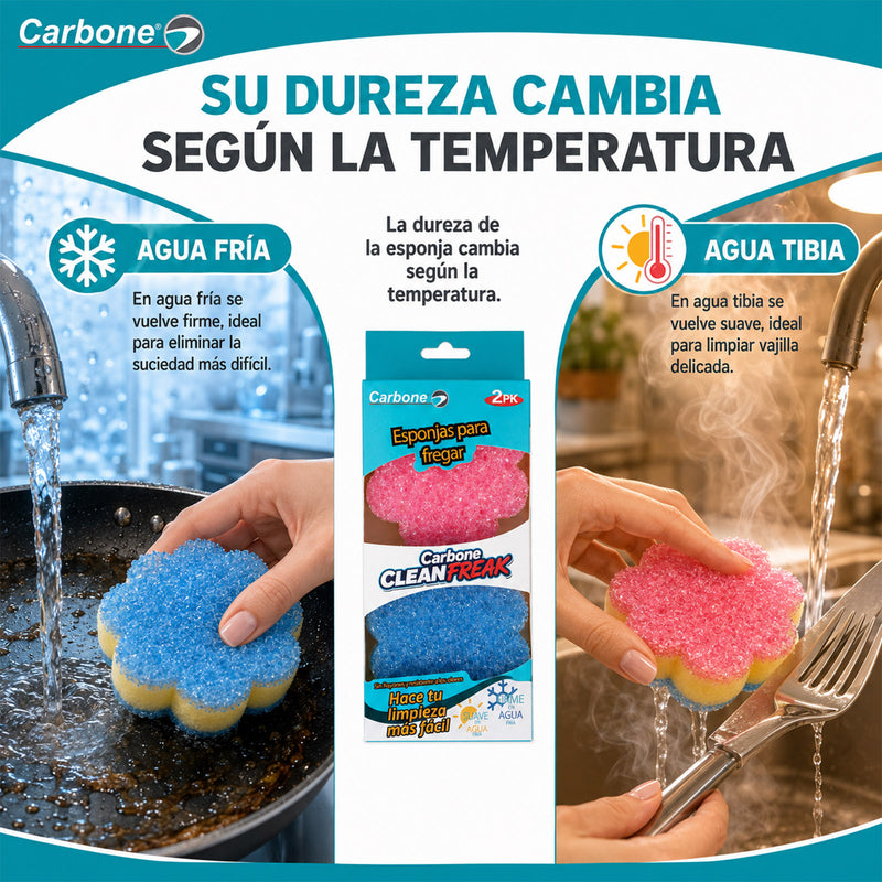 Esponjas Abrasivas para Limpieza Pesada. (Pack de 2) Esponjas Absorbentes Carbone Clean Freak. Con agua fría son duras, y con agua caliente son suaves.