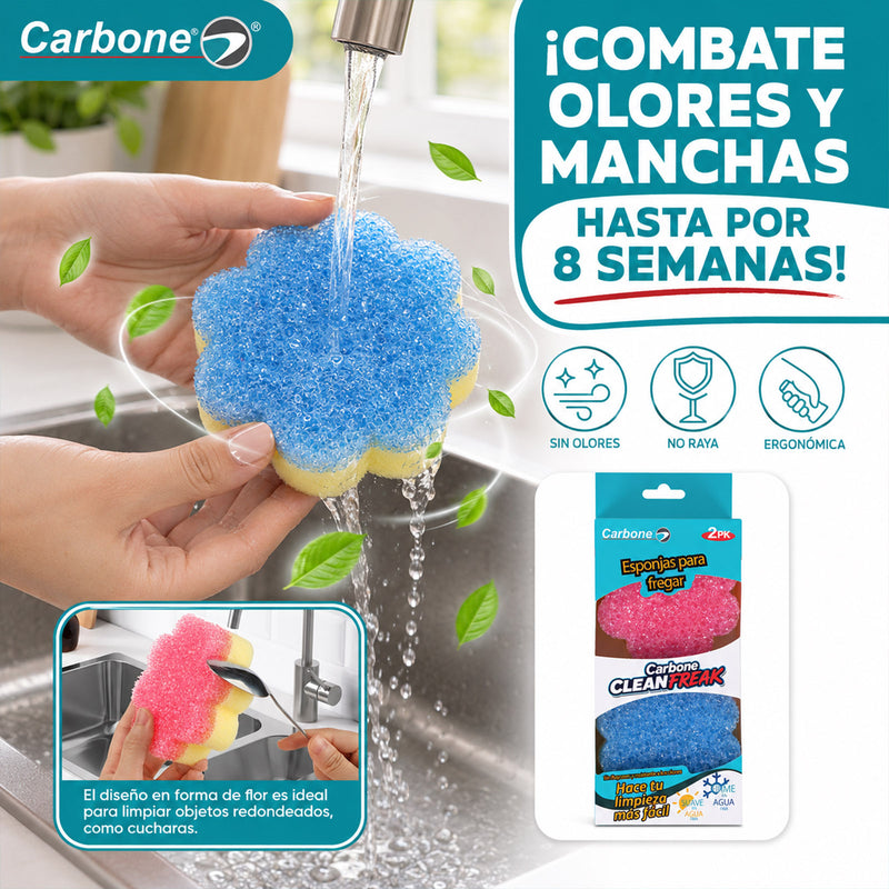 Esponjas Abrasivas para Limpieza Pesada. (Pack de 2) Esponjas Absorbentes Carbone Clean Freak. Con agua fría son duras, y con agua caliente son suaves.