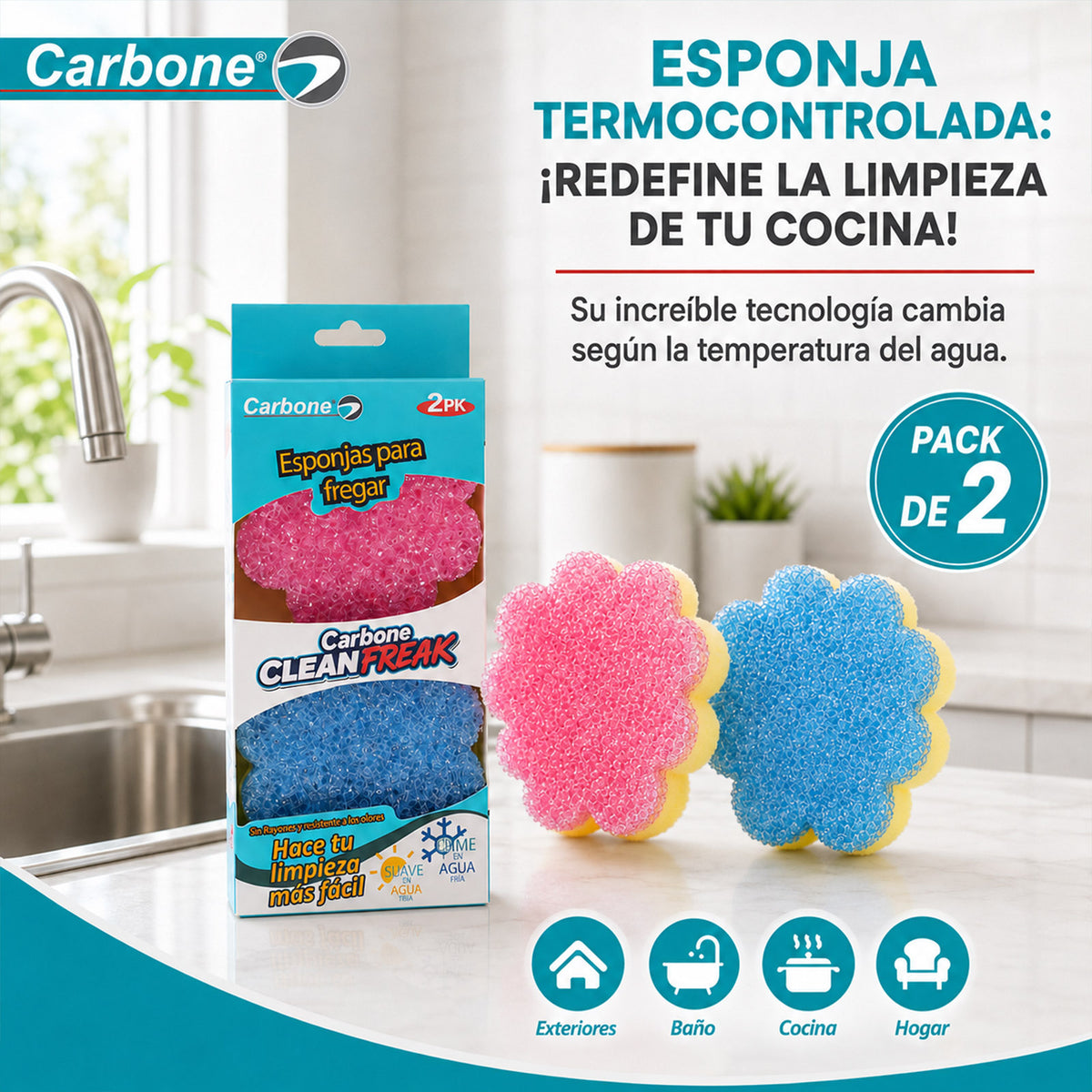 Esponjas Abrasivas para Limpieza Pesada. (Pack de 2) Esponjas Absorbentes Carbone Clean Freak. Con agua fría son duras, y con agua caliente son suaves.