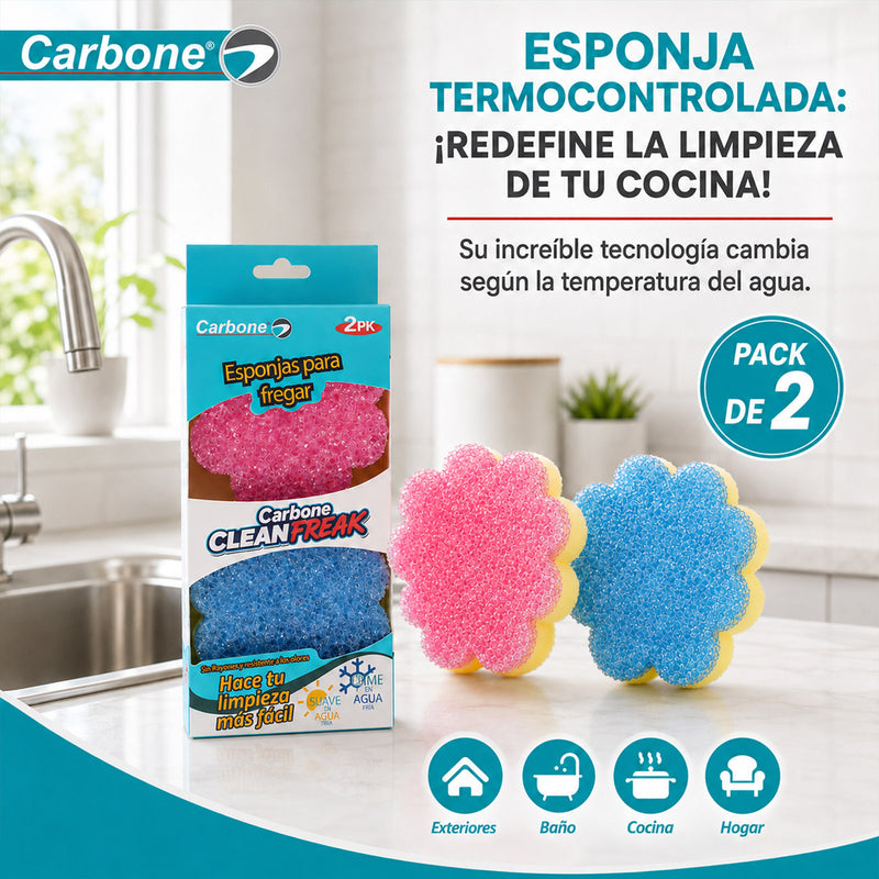 Esponjas Abrasivas para Limpieza Pesada. (Pack de 2) Esponjas Absorbentes Carbone Clean Freak. Con agua fría son duras, y con agua caliente son suaves.