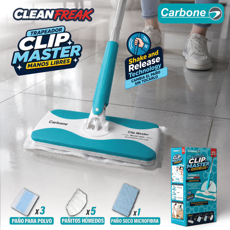 Trapeador Plano Clipmaster Pro.  Carbone Clean Freak Mopa 360° y Mango Largo. Incluye 5 Pañitos Húmedos, 3 Paños para Polvo y 1 Paño Seco de Microfibra. Tecnología Shake & Release