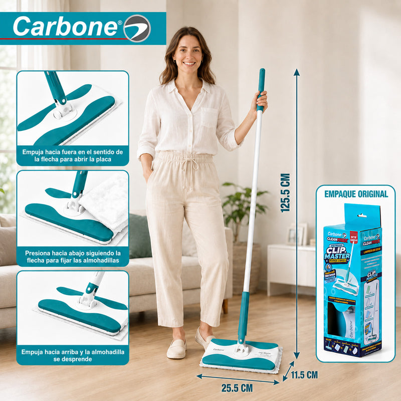 Trapeador Plano Clipmaster Pro.  Carbone Clean Freak Mopa 360° y Mango Largo. Incluye 5 Pañitos Húmedos, 3 Paños para Polvo y 1 Paño Seco de Microfibra. Tecnología Shake & Release