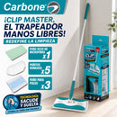 Trapeador Plano Clipmaster Pro.  Carbone Clean Freak Mopa 360° y Mango Largo. Incluye 5 Pañitos Húmedos, 3 Paños para Polvo y 1 Paño Seco de Microfibra. Tecnología Shake & Release