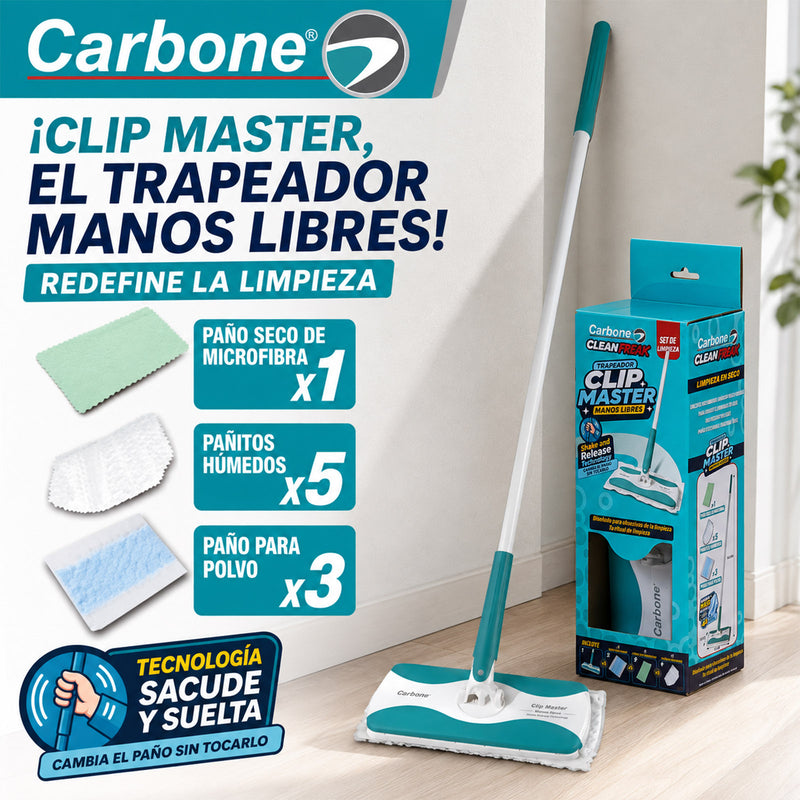 Trapeador Plano Clipmaster Pro.  Carbone Clean Freak Mopa 360° y Mango Largo. Incluye 5 Pañitos Húmedos, 3 Paños para Polvo y 1 Paño Seco de Microfibra. Tecnología Shake & Release