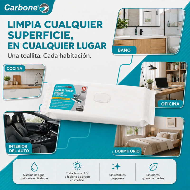 Repuesto Paños Húmedos para Trapeador con Mopa  Carbone Clean Freak Clipmaster Pro (UN-C030). Pack de 36 Paños para Limpieza de Pisos.