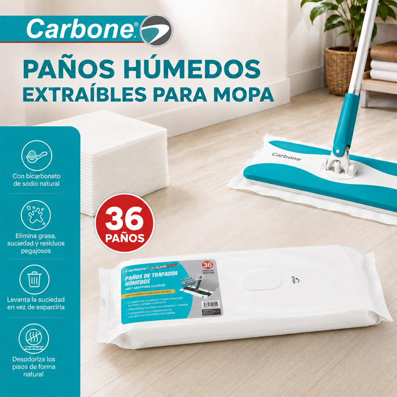 Repuesto Paños Húmedos para Trapeador con Mopa  Carbone Clean Freak Clipmaster Pro (UN-C030). Pack de 36 Paños para Limpieza de Pisos.