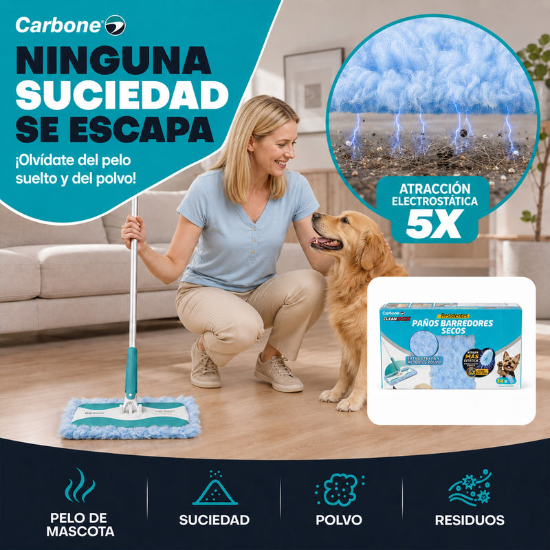 Repuesto Paños Barredores Secos Carbone Clean Freak para Trapeador Clipmaster Pro con Mopa. Pack de 14 Paños Atrapa Polvo y Pelos de Mascotas. Compatible con UN-C030.