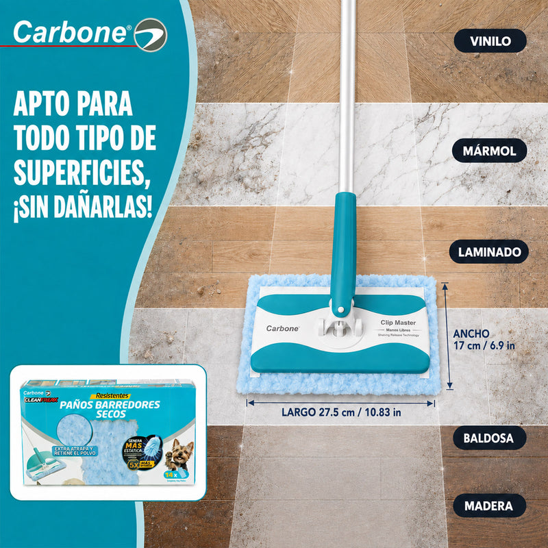 Repuesto Paños Barredores Secos Carbone Clean Freak para Trapeador Clipmaster Pro con Mopa. Pack de 14 Paños Atrapa Polvo y Pelos de Mascotas. Compatible con UN-C030.