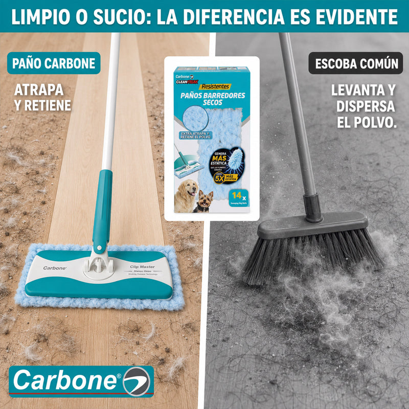 Repuesto Paños Barredores Secos Carbone Clean Freak para Trapeador Clipmaster Pro con Mopa. Pack de 14 Paños Atrapa Polvo y Pelos de Mascotas. Compatible con UN-C030.