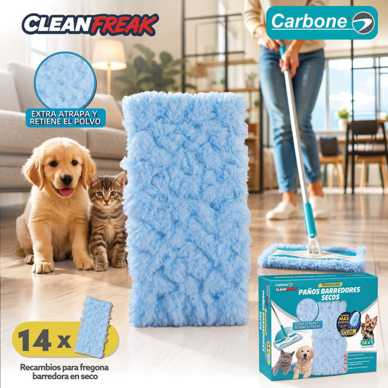 Repuesto Paños Barredores Secos Carbone Clean Freak para Trapeador Clipmaster Pro con Mopa. Pack de 14 Paños Atrapa Polvo y Pelos de Mascotas. Compatible con UN-C030.