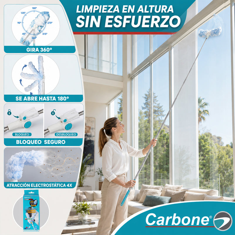 Plumero Quita polvos. Carbone Clean Freak Todo en Uno con Mopa Atrapa Polvo y Pelo. Mango Extensible hasta 180 cm. Cabezal 360°, Rotación 180°. Incluye 4 Repuestos.