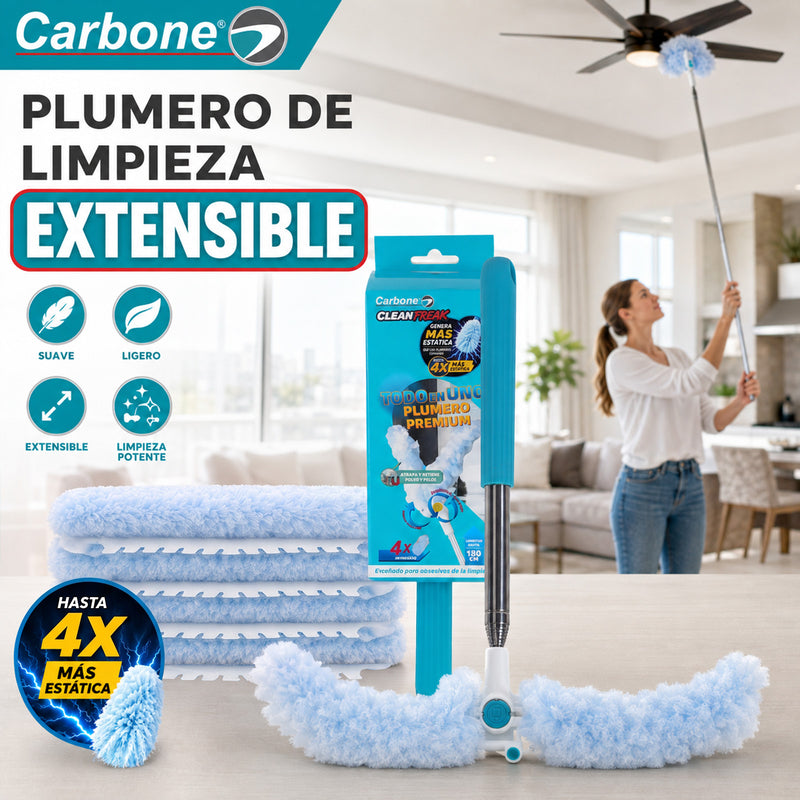 Plumero Quita polvos. Carbone Clean Freak Todo en Uno con Mopa Atrapa Polvo y Pelo. Mango Extensible hasta 180 cm. Cabezal 360°, Rotación 180°. Incluye 4 Repuestos.