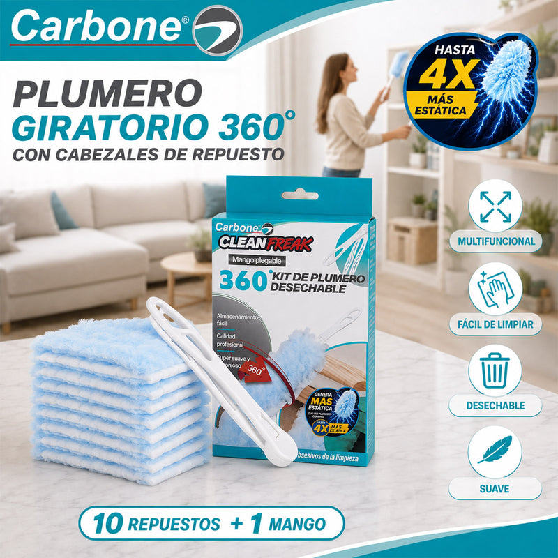 Plumero Desechable Carbone Clean Freak. 360° con Mango Plegable y 10 Repuestos Atrapa Polvo. Plumero de Limpieza con Fibras Electrostáticas.