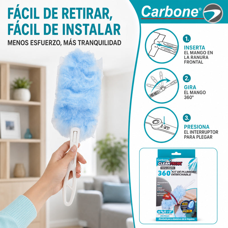 Plumero Desechable Carbone Clean Freak. 360° con Mango Plegable y 10 Repuestos Atrapa Polvo. Plumero de Limpieza con Fibras Electrostáticas.