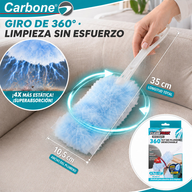 Plumero Desechable Carbone Clean Freak. 360° con Mango Plegable y 10 Repuestos Atrapa Polvo. Plumero de Limpieza con Fibras Electrostáticas.