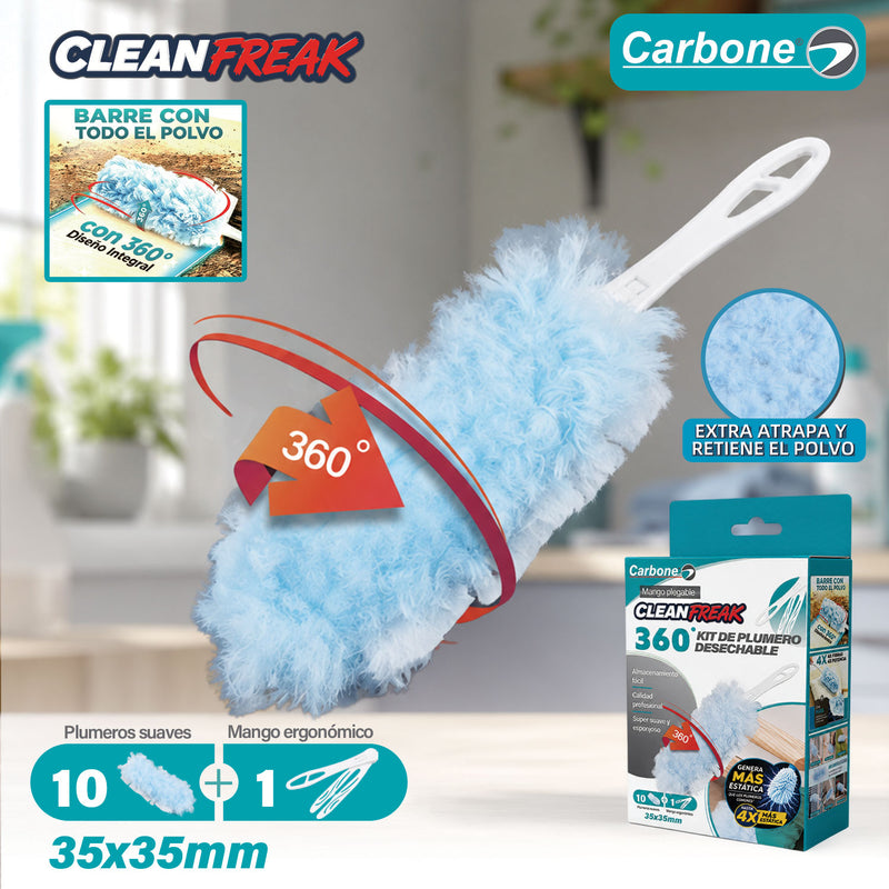 Plumero Desechable Carbone Clean Freak. 360° con Mango Plegable y 10 Repuestos Atrapa Polvo. Plumero de Limpieza con Fibras Electrostáticas.