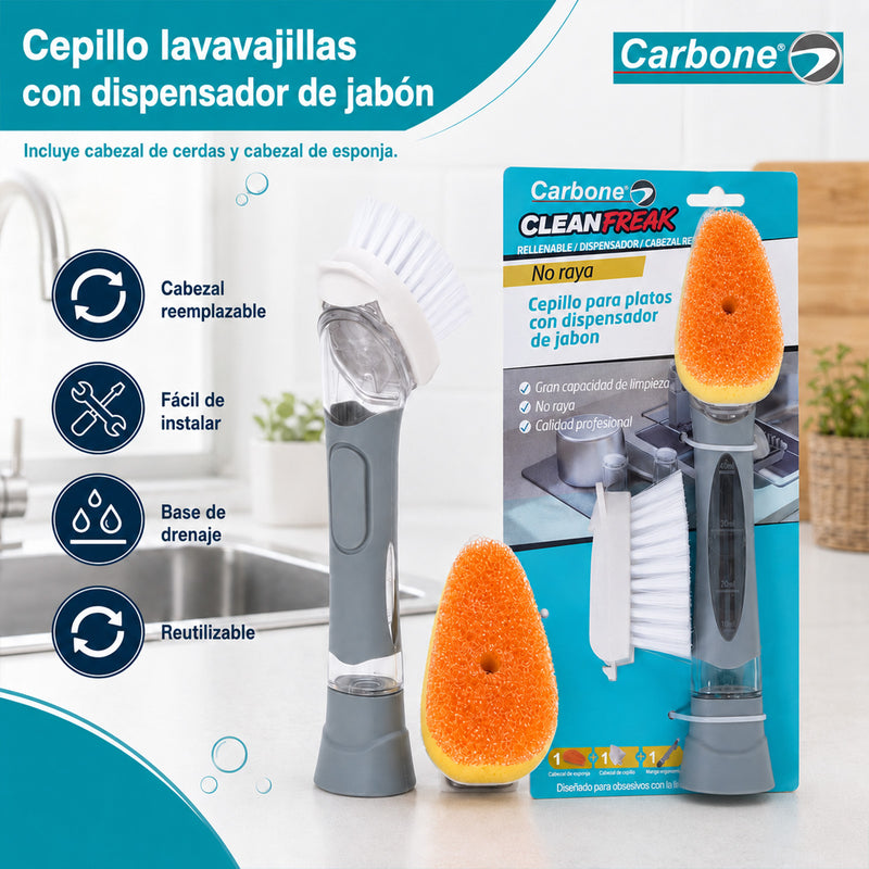 Cepillo con Dispensador de Jabón y Cabezal de Esponja Reemplazable. Limpiador para Platos, Ollas y Fregadores.