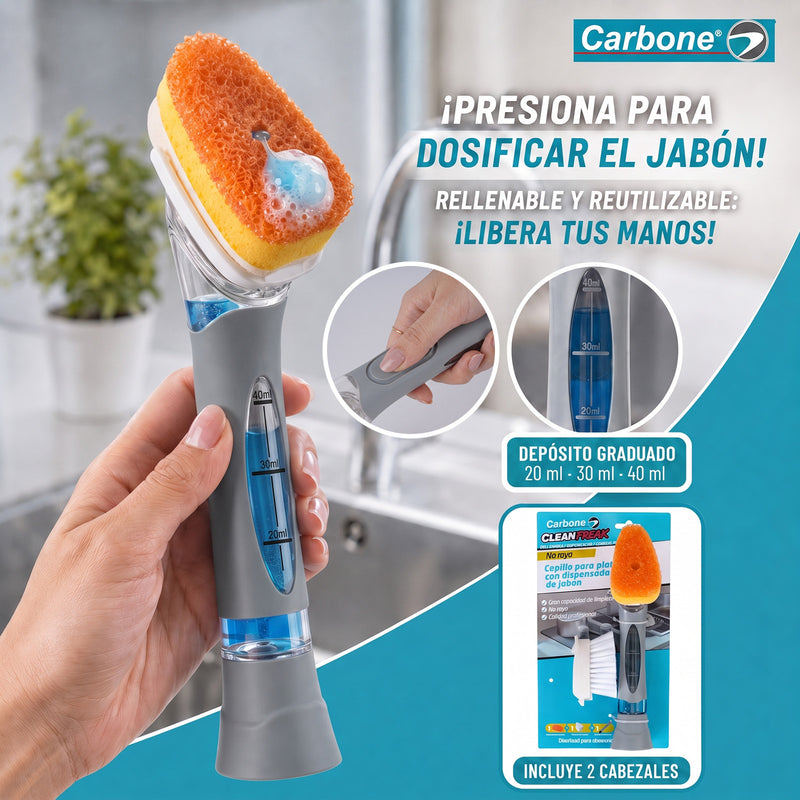 Cepillo con Dispensador de Jabón y Cabezal de Esponja Reemplazable. Limpiador para Platos, Ollas y Fregadores.