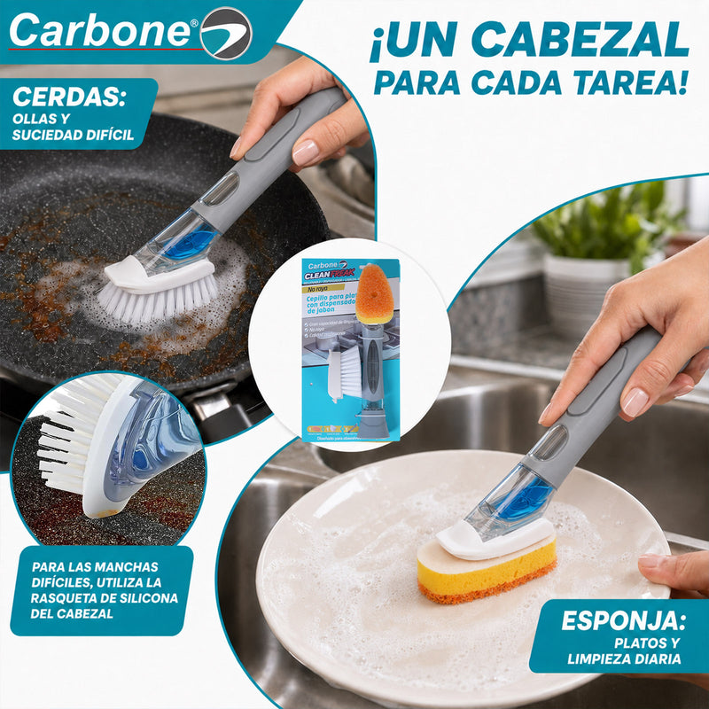 Cepillo con Dispensador de Jabón y Cabezal de Esponja Reemplazable. Limpiador para Platos, Ollas y Fregadores.