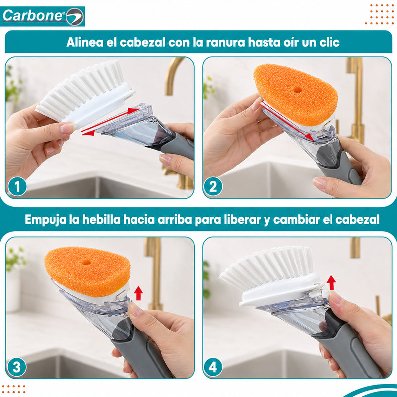 Cepillo con Dispensador de Jabón y Cabezal de Esponja Reemplazable. Limpiador para Platos, Ollas y Fregadores.
