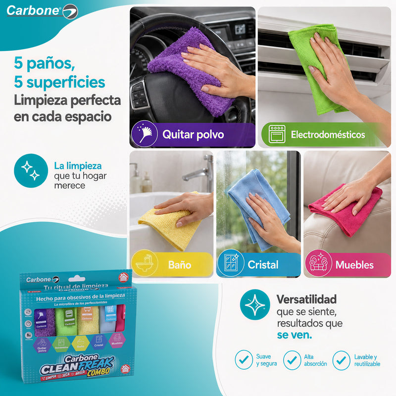Paños de Microfibra Carbone Clean Freak. 30x30cm para Limpieza. Paños Multiuso Lavables y Reutilizables (Set de 5 unidades).