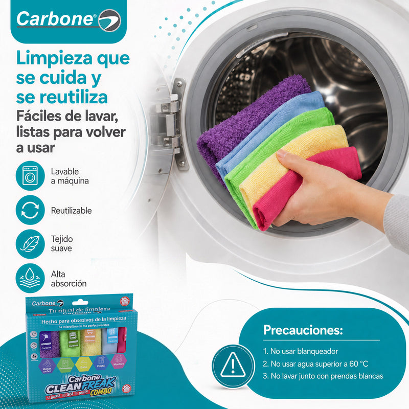 Paños de Microfibra Carbone Clean Freak. 30x30cm para Limpieza. Paños Multiuso Lavables y Reutilizables (Set de 5 unidades).
