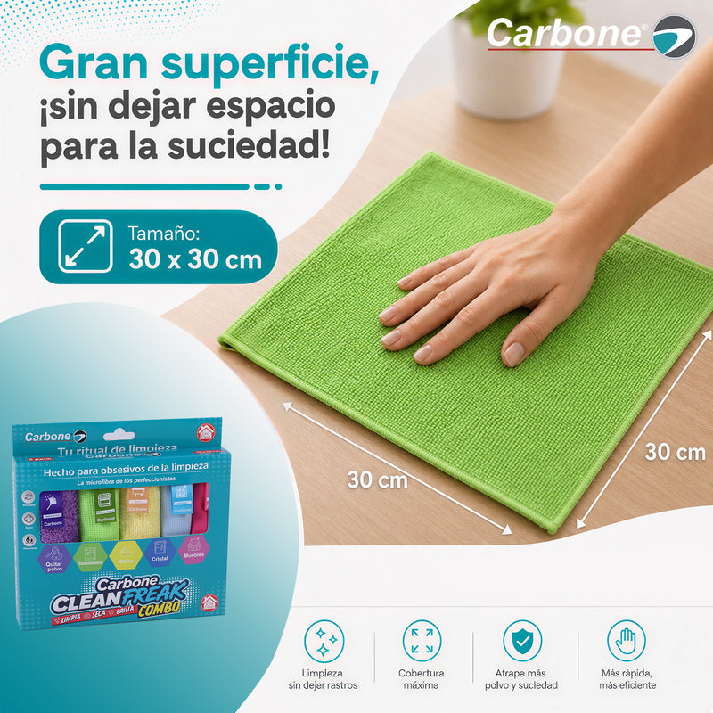 Paños de Microfibra Carbone Clean Freak. 30x30cm para Limpieza. Paños Multiuso Lavables y Reutilizables (Set de 5 unidades).