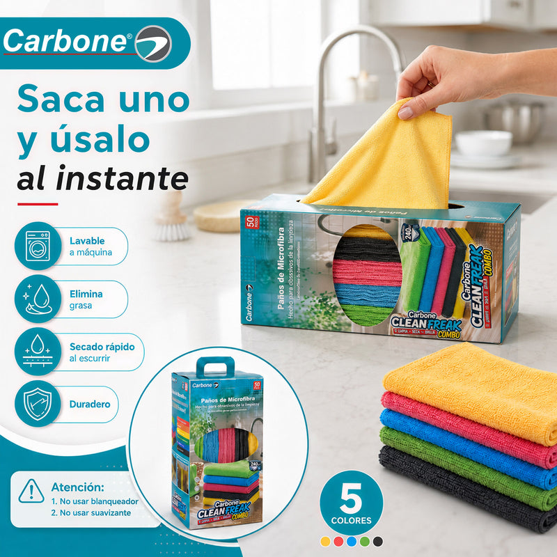 Paños de Microfibra 30x30cm para limpieza. Toallas Multiuso Lavables, Reutilizables y Absorbentes (Pack de 50 unidades). Clean Freak
