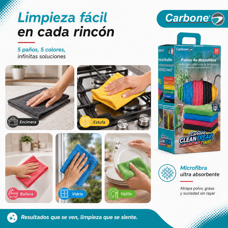 Paños de Microfibra 30x30cm para limpieza. Toallas Multiuso Lavables, Reutilizables y Absorbentes (Pack de 50 unidades). Clean Freak