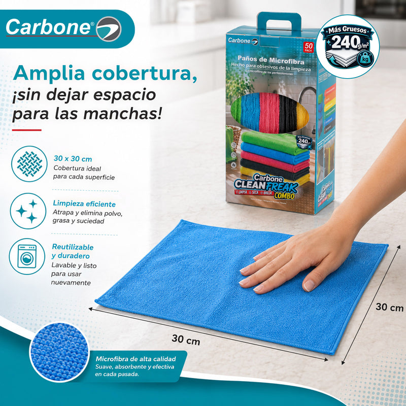 Paños de Microfibra 30x30cm para limpieza. Toallas Multiuso Lavables, Reutilizables y Absorbentes (Pack de 50 unidades). Clean Freak