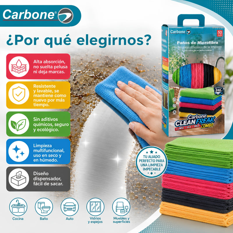 Paños de Microfibra 30x30cm para limpieza. Toallas Multiuso Lavables, Reutilizables y Absorbentes (Pack de 50 unidades). Clean Freak