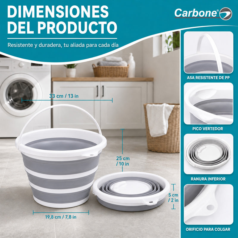 Cubeta Plegable de 10L con Asa. Balde Expandible y Compacto para Limpieza, Hogar y Almacenamiento.