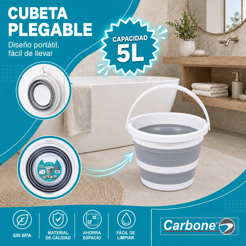 Cubeta Plegable de 5L con Asa. Balde Expandible y Compacto para Limpieza, Hogar y Almacenamiento.
