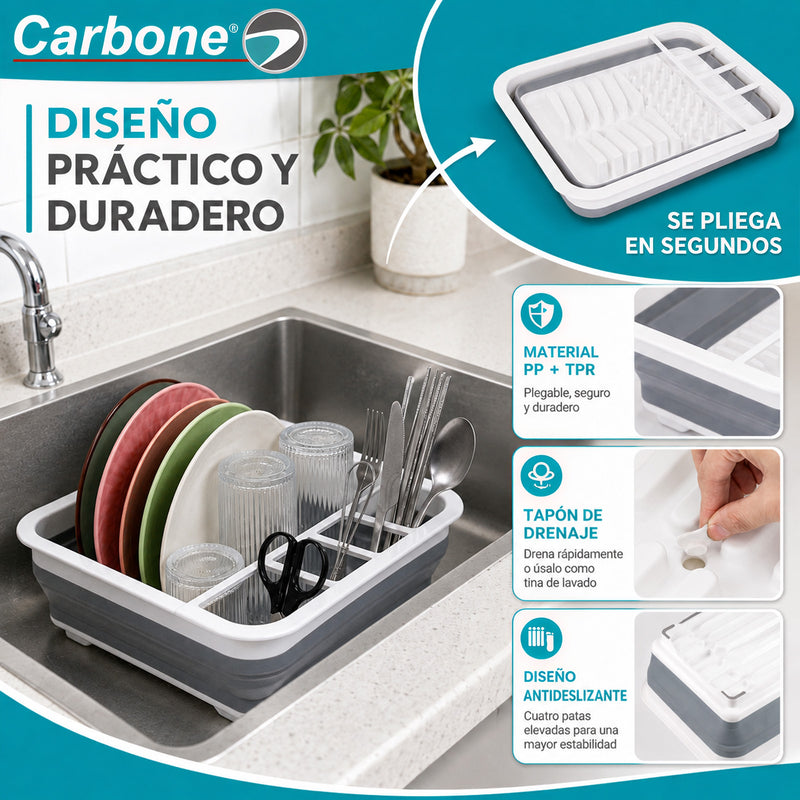 Escurridor de Platos Plegable con Compartimiento para Cubiertos. Organizador de Cocina con Drenaje para Fregador.