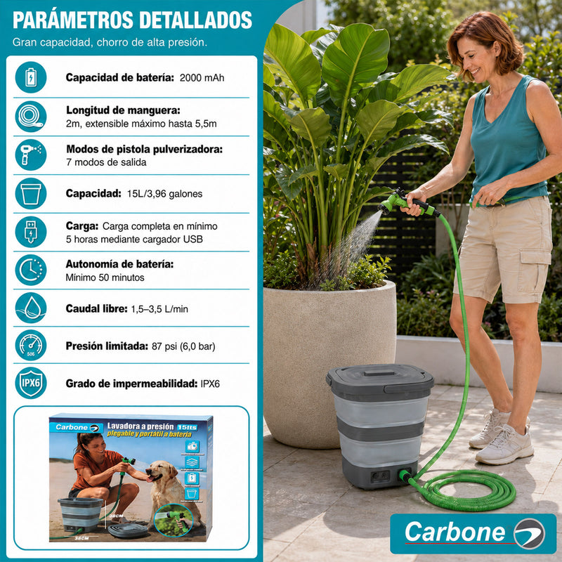Lavadora a Presión Portátil Plegable de 15L. Cubeta cubo agua Inalámbrica con Batería Recargable. Hidrolavadora con Manguera Extensible.