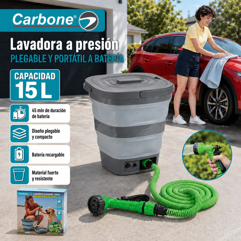 Lavadora a Presión Portátil Plegable de 15L. Cubeta cubo agua Inalámbrica con Batería Recargable. Hidrolavadora con Manguera Extensible.