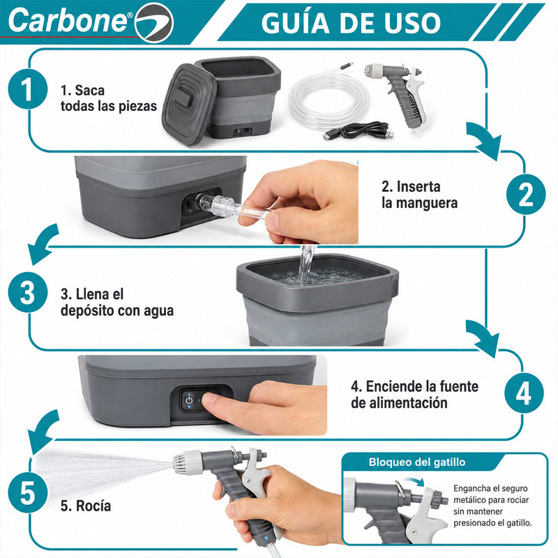 Lavadora a Presión Portátil Plegable de 8L. Inalámbrica con Batería Recargable. Cubeta cubo agua  Hidrolavadora con Manguera Extensible.