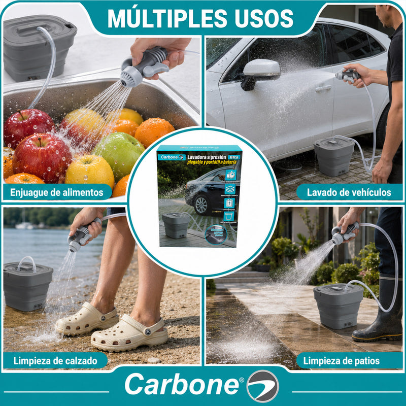 Lavadora a Presión Portátil Plegable de 8L. Inalámbrica con Batería Recargable. Cubeta cubo agua  Hidrolavadora con Manguera Extensible.