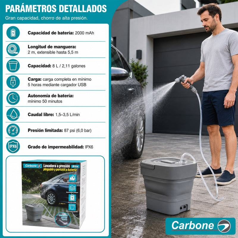 Lavadora a Presión Portátil Plegable de 8L. Inalámbrica con Batería Recargable. Cubeta cubo agua  Hidrolavadora con Manguera Extensible.