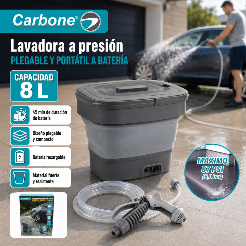 Lavadora a Presión Portátil Plegable de 8L. Inalámbrica con Batería Recargable. Cubeta cubo agua  Hidrolavadora con Manguera Extensible.