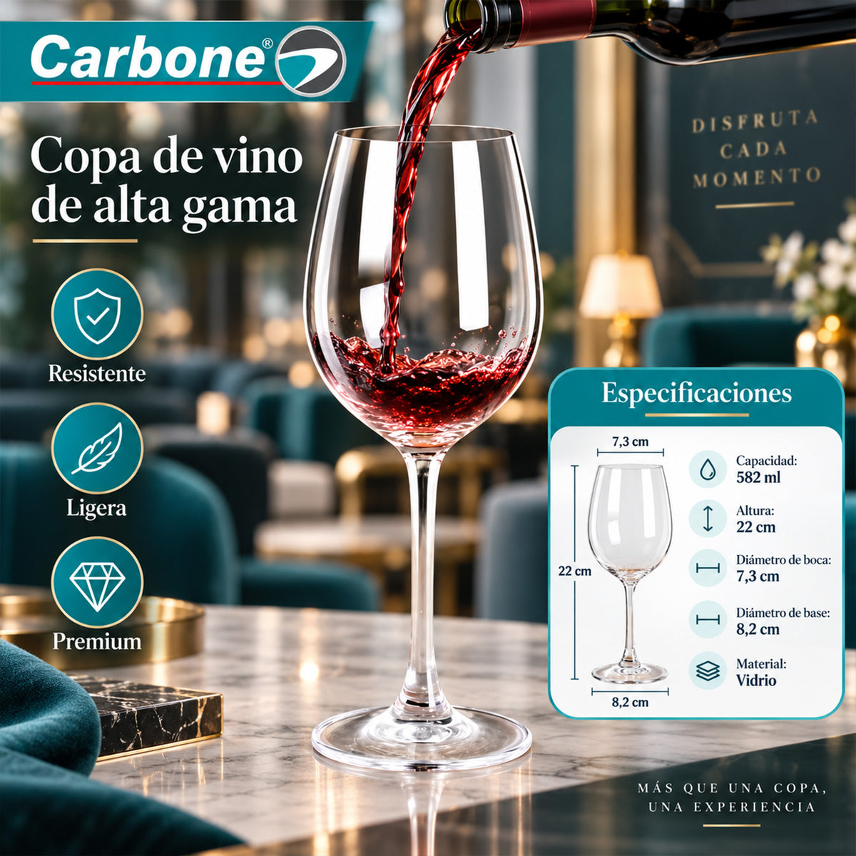 Copa para Vino Tinto de Vidrio (582ml). Diseño Elegante con Tallo.