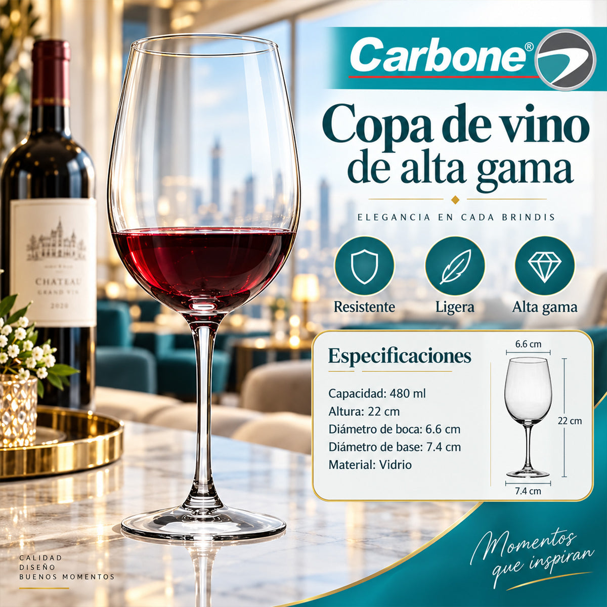 Copa para Vino Tinto de Vidrio (480ml). Diseño Elegante con Tallo.