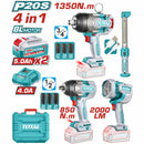 Combo del mes Total Inalámbrico 4 en 1 Llaves de Impacto 3/4″   Torque 1350Nm y de 1/2″ 850Nm  Lámparas de trabajo 22,5 W y de 3,5 W Incluye cargador y baterías y accesorios. POCAS UNIDADES.