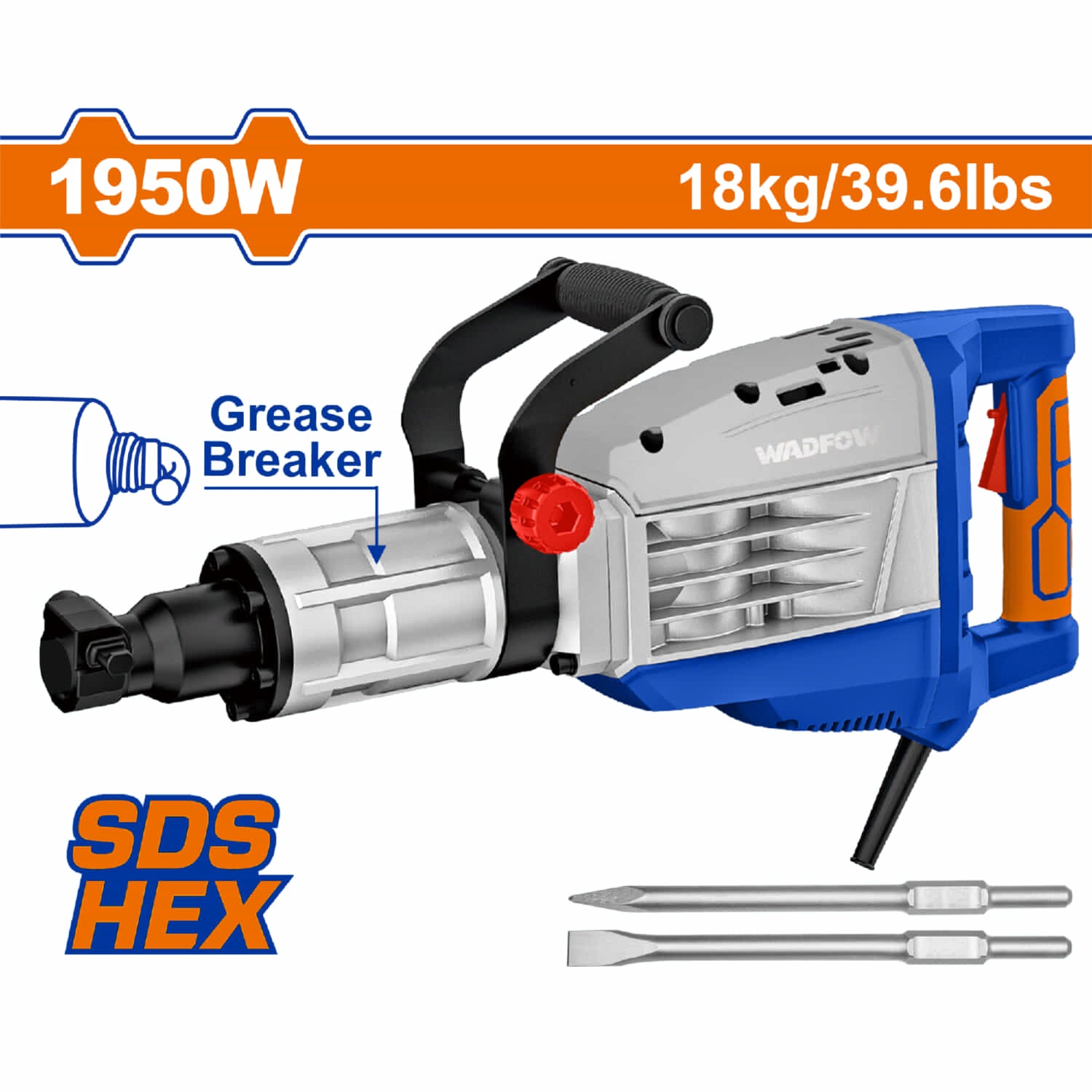 Demoledor SDS HEX 1950W 110V-120V~60Hz 2100bpm 80J Incluye 2 Cinceles. Demoledora picadora