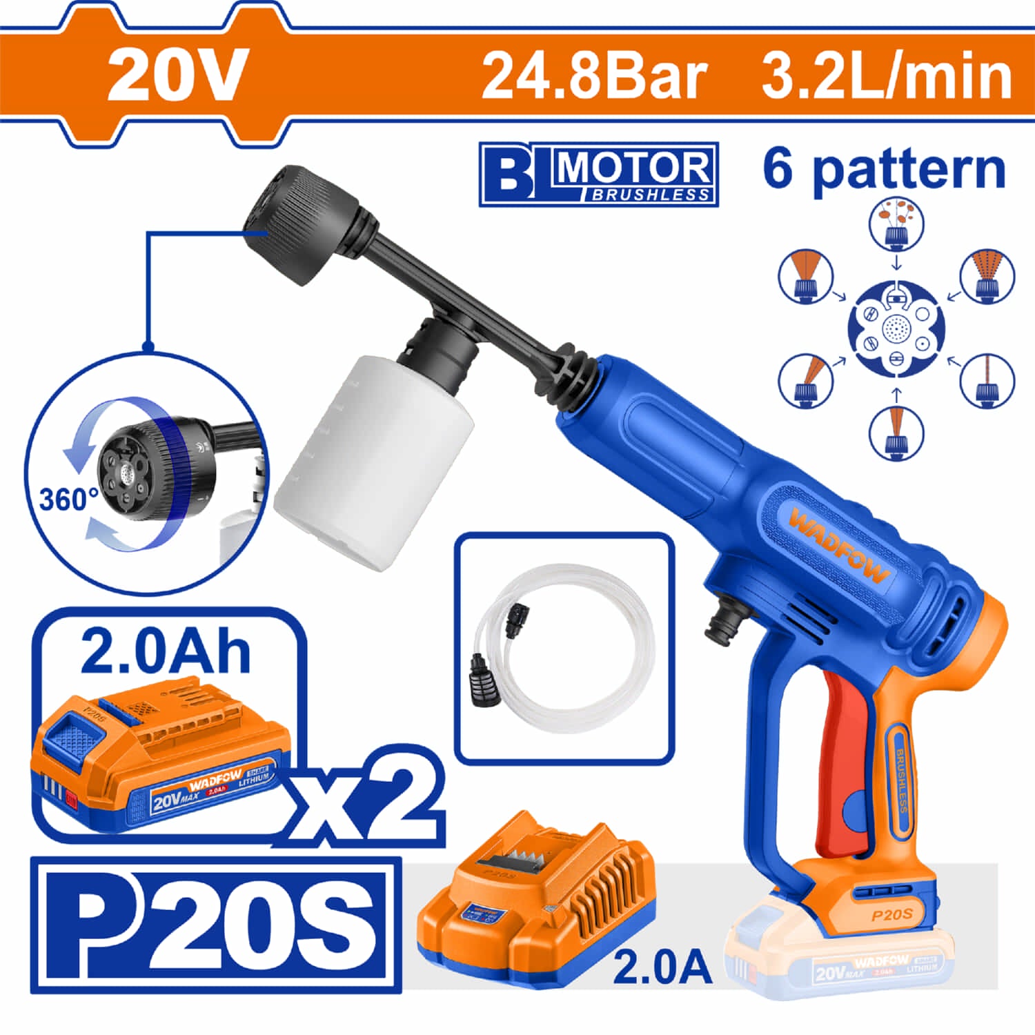 Hidrolavadora Inalámbrica 20V Motor sin escobillas. 3.2L 24.8 Bar. Parada Automática. Pistola 6 patrones. Incluye 2 Baterías y cargador.