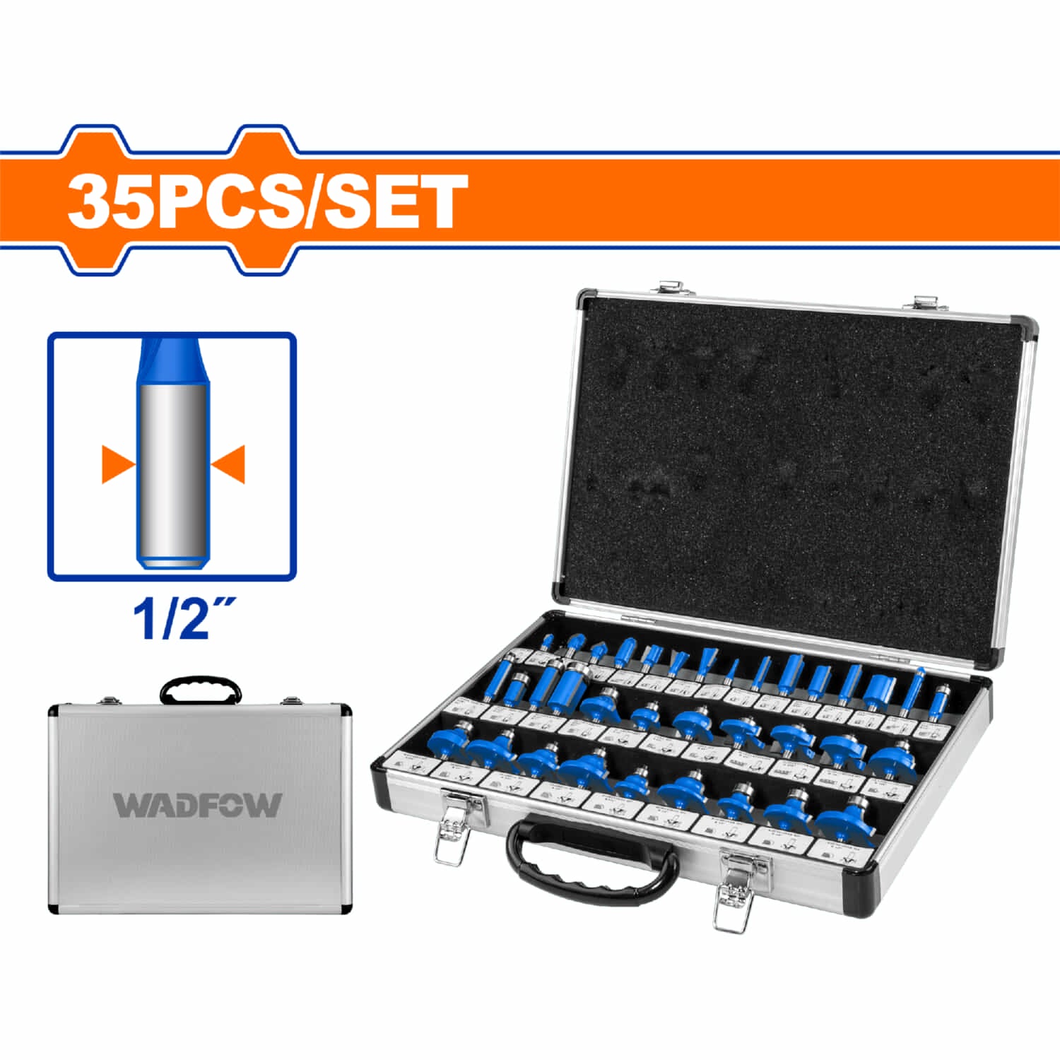 Puntas Brocas para Router. Vástago: 1/2" Juego de 35 brocas para router. Incluye: 6 Brocas Rectas 1/8"x1/2", 1/4"x3/4", 1/2"x1", 1/2"x3/4", 3/8"x3/4", 3/4"x3/4" Routeadora.