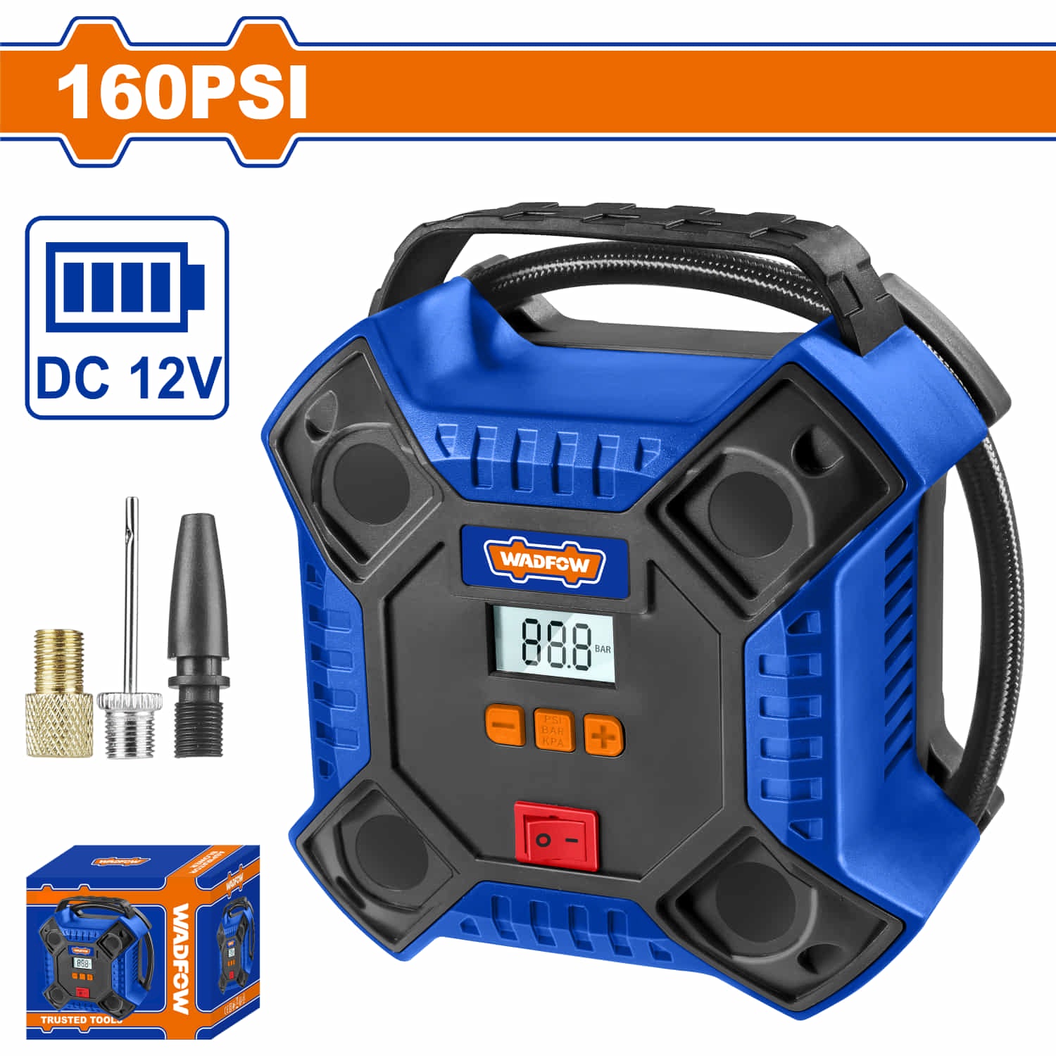 Compresor de Aire Portátil 12V 160PSI 11 Bar Flujo de Aire Max 35L/min Luz de Trabajo incluye accesorios.