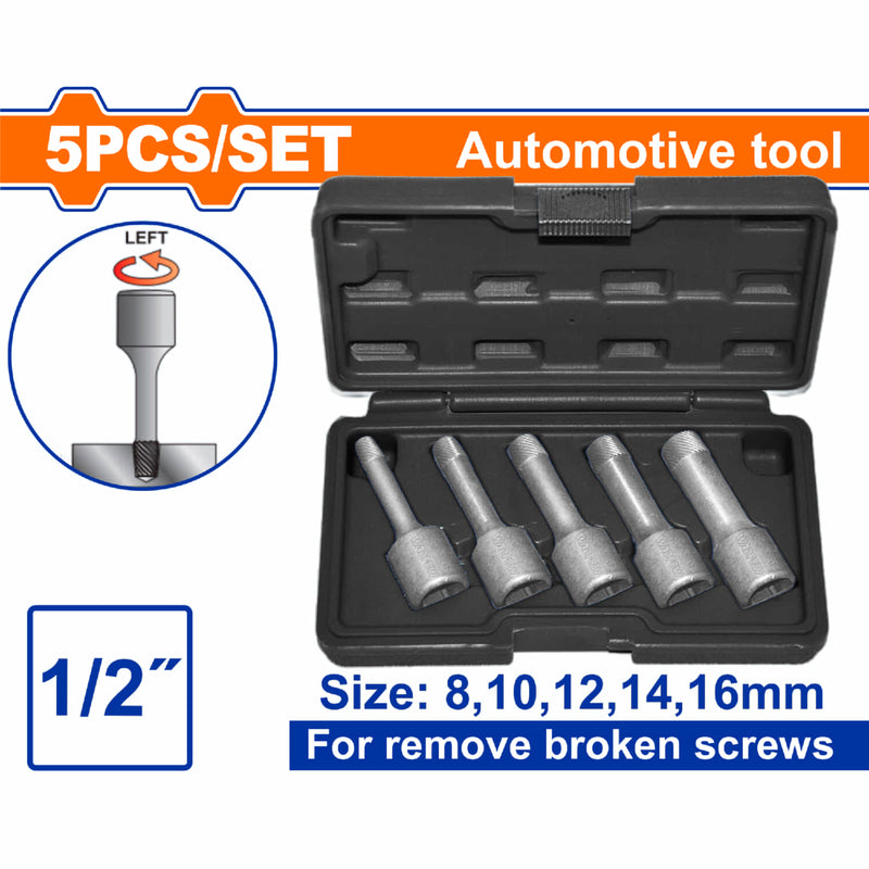 Extractor de Pernos y Tornillos 8-16mm Dado 1/2" Acero Cr-Mo Rosca Invertida Espiral. Set 5 pzas